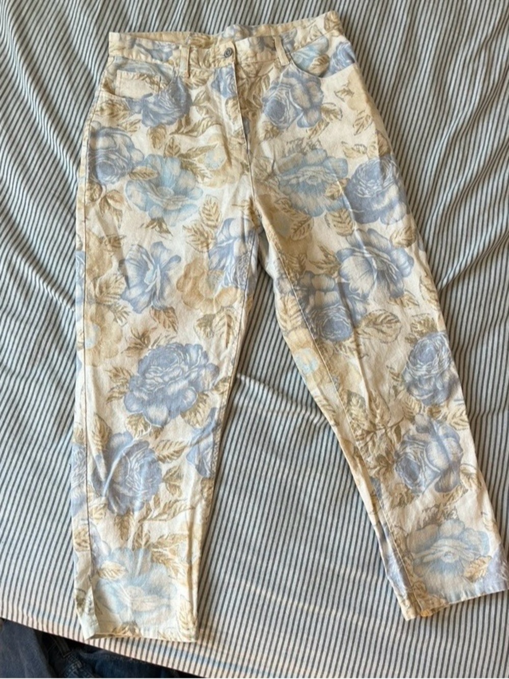 bill blass Cream Floral Jeans with Blue and Tan Print